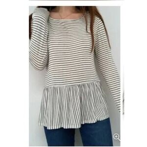 GINGER G Med Black White Striped Peplum Tee Top Rayon Jersey‎ Long Sleeve